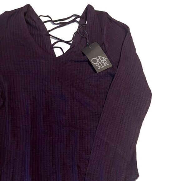 Chaser Purple Waffle Print Long Sleeves Strappy Tie Back Top Size M NWT - Picture 4 of 13